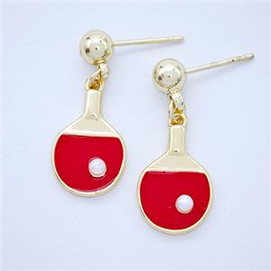 Copper Stud Earrings Red Enamel Table Tennis Rackets Sports Gold Plated, approx 11-16mm, 5mm
