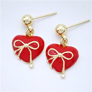Copper Heart Stud Earrings Red Enamel Bowknot Gold Plated, approx 13.5mm, 5mm