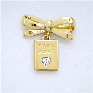 Copper Bowknot And PassPort Earrings Pave Zirconia Gold Plated, approx 7.5-10mm, 7-17mm