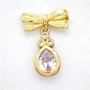 Copper Bowknot And Teardrop Earrings Pave Zirconia Gold Plated, approx 9-16mm, 7-17mm
