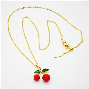Copper Cherry Necklace Red Enamel Gold Plated, approx 17-18mm, 46cm length