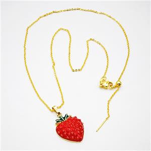Copper Strawberry Necklace Red Enamel Gold Plated, approx 18-22mm, 46cm length