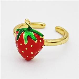 Copper Strawberry Rings Red Enamel Gold Plated, approx 11-15mm, 18mm dia
