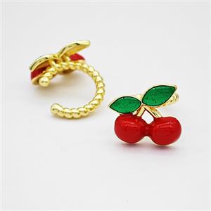 Copper Cherry Clip Earrings Red Enamel Gold Plated, approx 13mm, 14mm dia