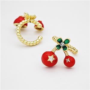 Copper Cherry Clip Earrings Red Enamel Gold Plated, approx 15mm, 14mm dia