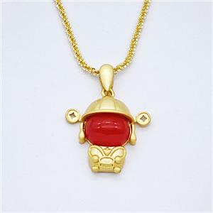 Copper Cartoon Boy Necklace Pave Red Agate Gold Plated, approx 22-23mm, 2mm, 42-47cm length