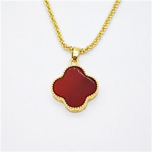 Copper Clover Necklace Pave Red Agate Gold Plated, approx 16mm, 2mm, 42-47cm length