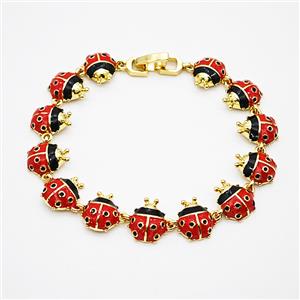 Copper Ladybug Bracelets Pave Zirconia Red Enamel Gold Plated, approx 9-12mm, 17cm length