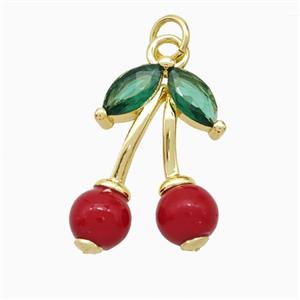 Copper Cherry Pendant Pave Red Pearlized Resin Gold Plated, approx 15-20mm