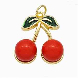 Copper Cherry Pendant Pave Red Pearlized Resin Gold Plated, approx 18mm