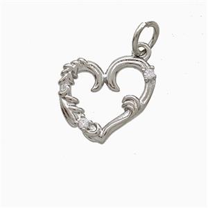 Copper Heart Pendant Pave Zirconia Platinum Plated, approx 13mm