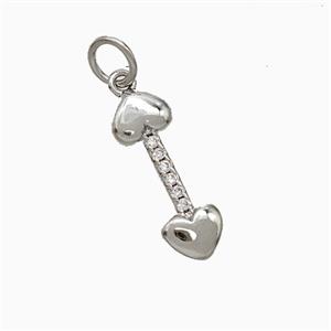 Copper Dogbone Pendant Pave Zirconia Heart Platinum Plated, approx 5.5-16mm