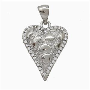 Copper Heart Pendant Pave Zirconia Hammered Platinum Plated, approx 15-18mm