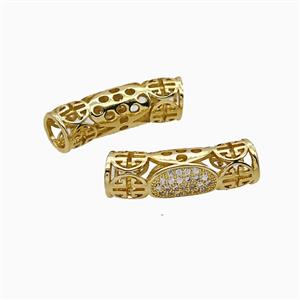 Copper Tube Beads Pave Zirconia Curving Large Hole Gold Plated, approx 7-23mm, 5mm hole