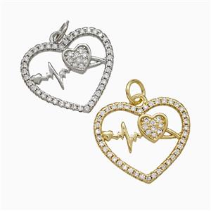 Copper Heart Pendant Pave Zirconia Heartbeat Mixed, approx 19mm