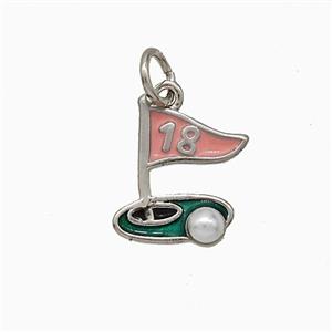 Golf Course Charms Copper Pendant Pave Pearlized Resin Pink Enamel Flag Sports Platinum Plated, approx 11-13mm
