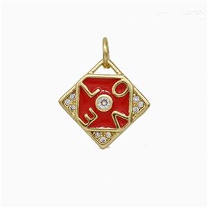 Copper LOVE Pendant Pave Zirconia Red Enamel Square Gold Plated, approx 11mm