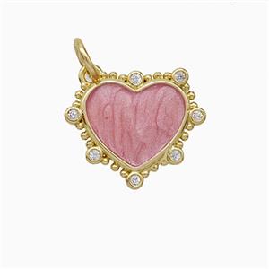 Copper Heart Pendant Pave Zirconia Pink Painted Gold Plated, approx 15mm