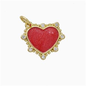 Copper Heart Pendant Pave Zirconia Red Painted Gold Plated, approx 15mm