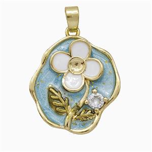 Copper Flower Pendant Pave Zirconia Blue Painted Gold Plated, approx 17-18mm