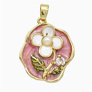 Copper Flower Pendant Pave Zirconia Pink Painted Gold Plated, approx 17-18mm