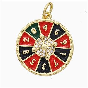 Roulette Charms Copper Pendant Pave Zirconia Black Red Enamel Gold Plated, approx 18mm