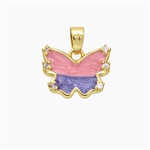 Copper Butterfly Pendant Pave Zirconia Pink Painted Gold Plated, approx 10-14mm