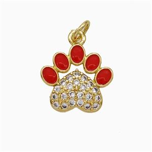 Copper Paw Charms Pendant Pave Zirconia Red Enamel Gold Plated, approx 13-14mm