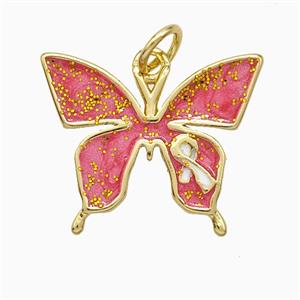 Copper Butterfly Pendant Pink Painted Awareness Ribbons Gold Plated, approx 16-19mm