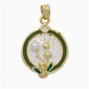 Copper Flower Pendant Pave Pearlized Resin White Painted Gold Plated, approx 17-20mm