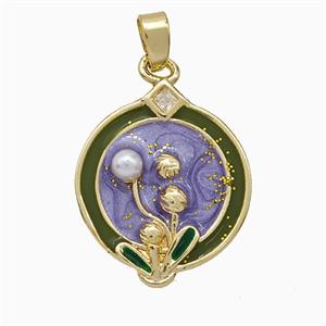 Copper Flower Pendant Pave Pearlized Resin Purple Painted Gold Plated, approx 17-20mm