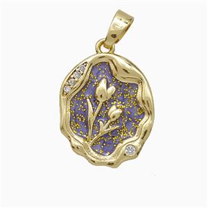 Copper Flower Pendant Pave Zirconia Purple Painted Gold Plated, approx 14-17mm