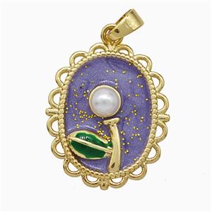 Copper Flower Pendant Pave Pearlized Resin Puprle Painted Gold Plated, approx 17-20mm