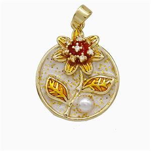Copper Flower Pendant Pave Pearlized Resin White Painted Gold Plated, approx 17mm