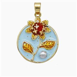 Copper Flower Pendant Pave Pearlized Resin Blue Painted Gold Plated, approx 17mm