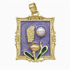 Copper Flower Pendant Pave Pearlized Resin Purple Painted Gold Plated, approx 20-22mm