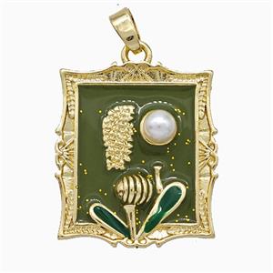Copper Flower Pendant Pave Pearlized Resin Green Painted Gold Plated, approx 20-22mm