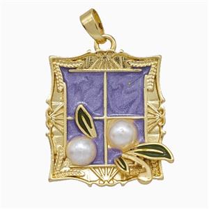 Copper Flower Pendant Pave Pearlized Resin Purple Painted Gold Plated, approx 20-23mm