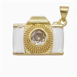 Copper Camera Pendant Pave Zirconia White Enamel Gold Plated, approx 15-20mm