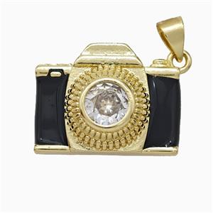 Copper Camera Pendant Pave Zirconia Black Enamel Gold Plated, approx 15-20mm