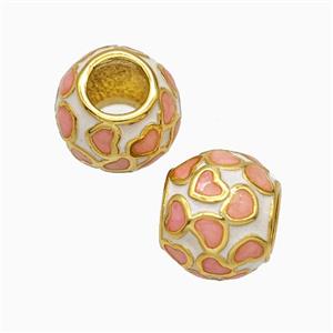 Copper Round Beads Pink Heart Enamel Large Hole Gold Plated, approx 8-9.5mm, 5mm hole