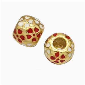 Copper Round Beads Red Flower Enamel Large Hole Gold Plated, approx 9.5-11mm, 5mm hole