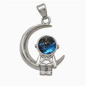 Copper Astronaut And Moon Pendant Pave Resin Platinum Plated, approx 16-19mm