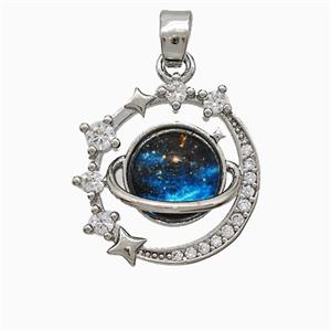 Copper Earth And Moon Pendant Pave Zirconia Resin Platinum Plated, approx 17mm