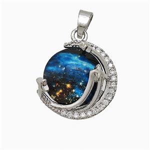 Copper Moon And Earth Pendant Pave Zirconia Resin Platinum Plated, approx 16mm