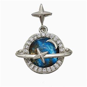 Copper Planet Pendant Pave Zirconia Resin Platinum Plated, approx 14-18mm, 7mm