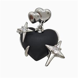 Black Resin Heart Pendant Copper Star Pave Zirconia Platinum Plated, approx 20mm, 10-12mm
