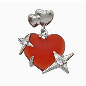 Red Resin Heart Pendant Copper Star Pave Zirconia Platinum Plated, approx 20mm, 10-12mm
