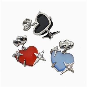 Resin Heart Pendant Copper Star Pave Zirconia Platinum Plated Mixed, approx 20mm, 10-12mm