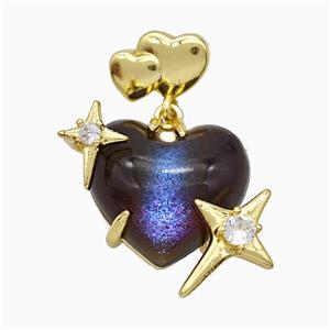 Black Resin Heart Pendant Copper Star Pave Zirconia Gold Plated, approx 20mm, 10-12mm